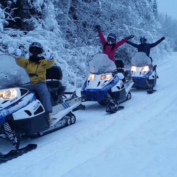 a group of people sitting in the snow